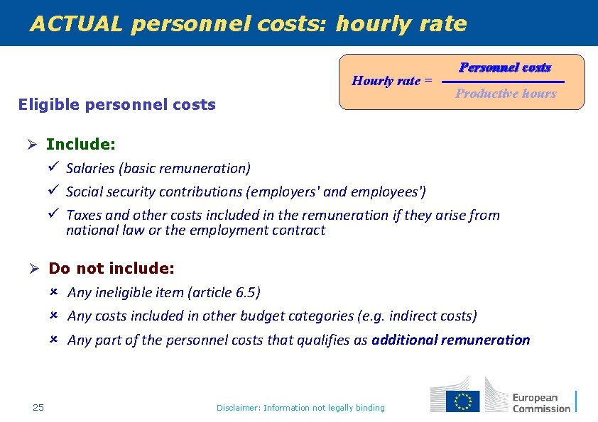 ACTUAL personnel costs: hourly rate Hourly rate = Eligible personnel costs Productive hours Ø