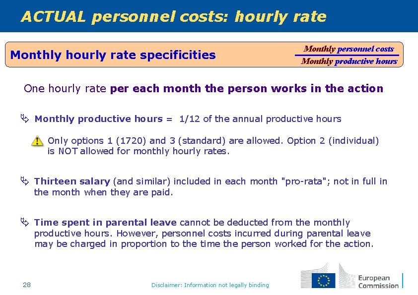 ACTUAL personnel costs: hourly rate Monthly hourly rate specificities Monthly personnel costs Monthly productive