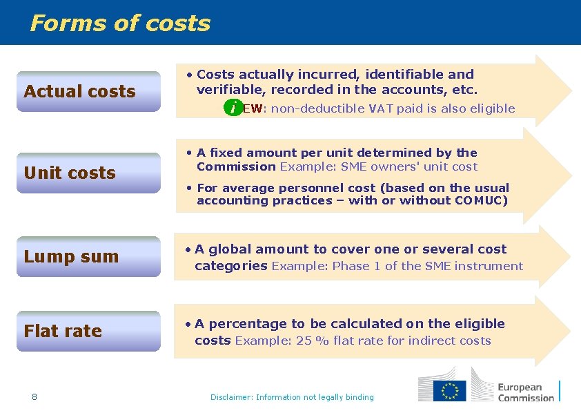 Forms of costs Actual costs Unit costs • Costs actually incurred, identifiable and verifiable,