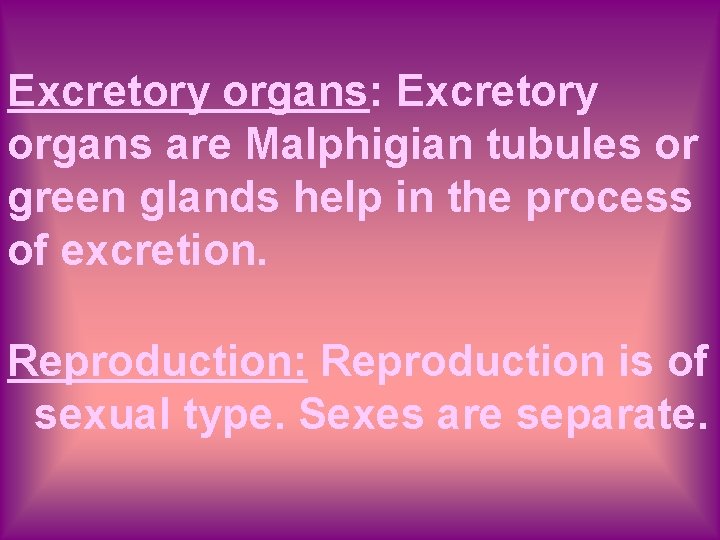 Excretory organs: Excretory organs are Malphigian tubules or green glands help in the process