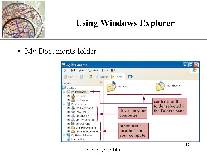 Using Windows Explorer XP • My Documents folder 12 Managing Your Files 