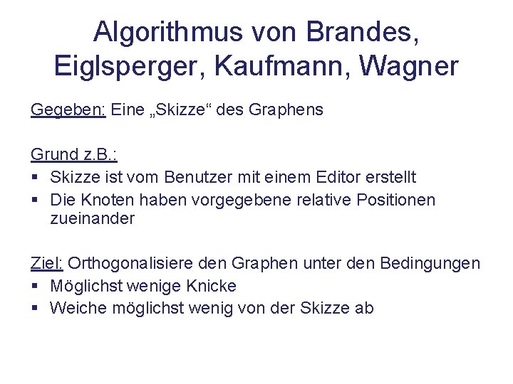 Algorithmus von Brandes, Eiglsperger, Kaufmann, Wagner Gegeben: Eine „Skizze“ des Graphens Grund z. B.