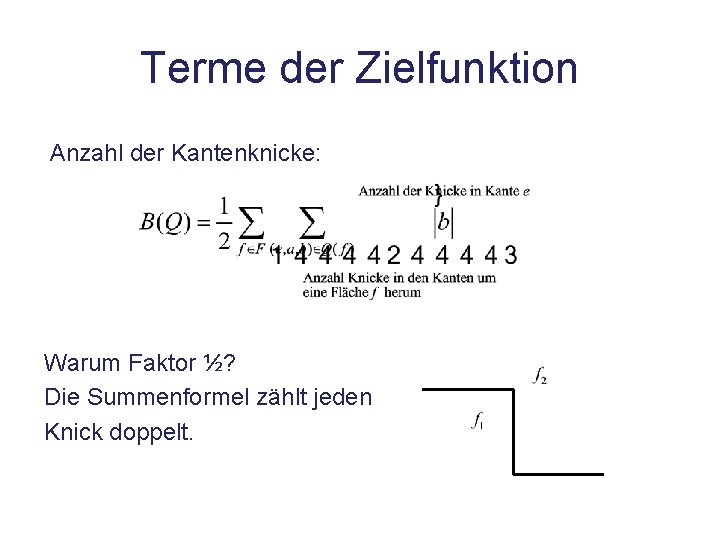 Terme der Zielfunktion Anzahl der Kantenknicke: Warum Faktor ½? Die Summenformel zählt jeden Knick