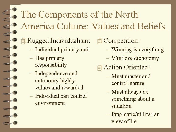 The Components of the North America Culture: Values and Beliefs 4 Rugged Individualism: –
