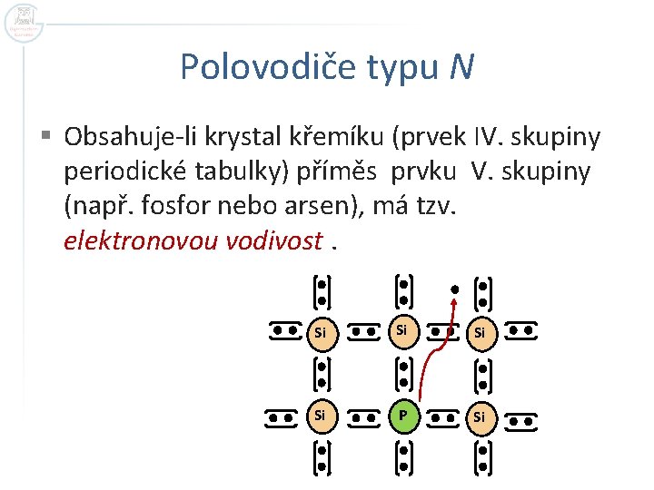 Polovodiče typu N § Obsahuje-li krystal křemíku (prvek IV. skupiny periodické tabulky) příměs prvku