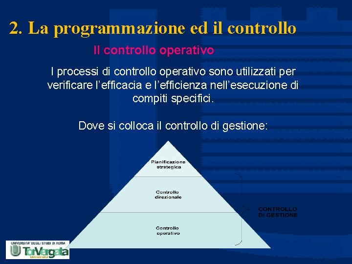 2. La programmazione ed il controllo Il controllo operativo I processi di controllo operativo