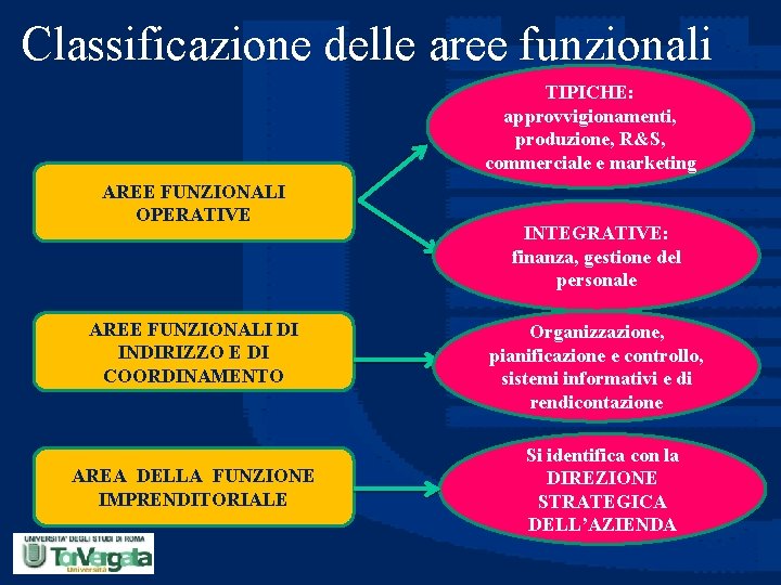 Classificazione delle aree funzionali TIPICHE: approvvigionamenti, produzione, R&S, commerciale e marketing AREE FUNZIONALI OPERATIVE