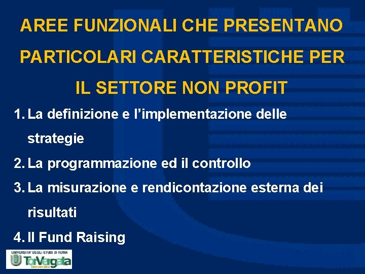 AREE FUNZIONALI CHE PRESENTANO PARTICOLARI CARATTERISTICHE PER IL SETTORE NON PROFIT 1. La definizione