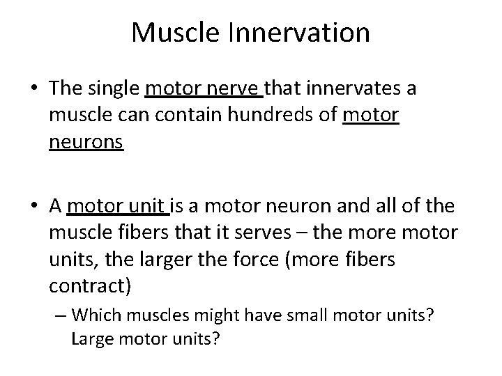 Muscle Innervation • The single motor nerve that innervates a muscle can contain hundreds