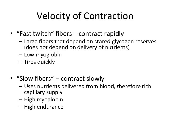 Velocity of Contraction • “Fast twitch” fibers – contract rapidly – Large fibers that