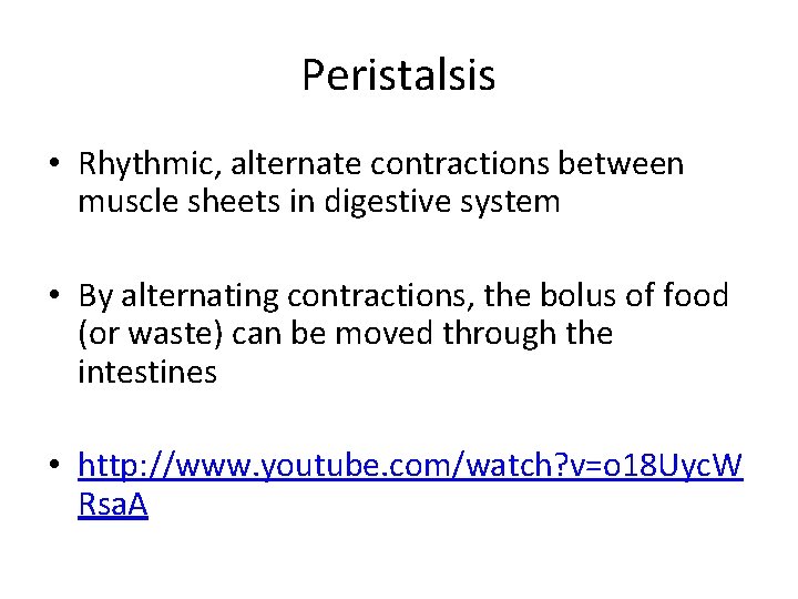 Peristalsis • Rhythmic, alternate contractions between muscle sheets in digestive system • By alternating