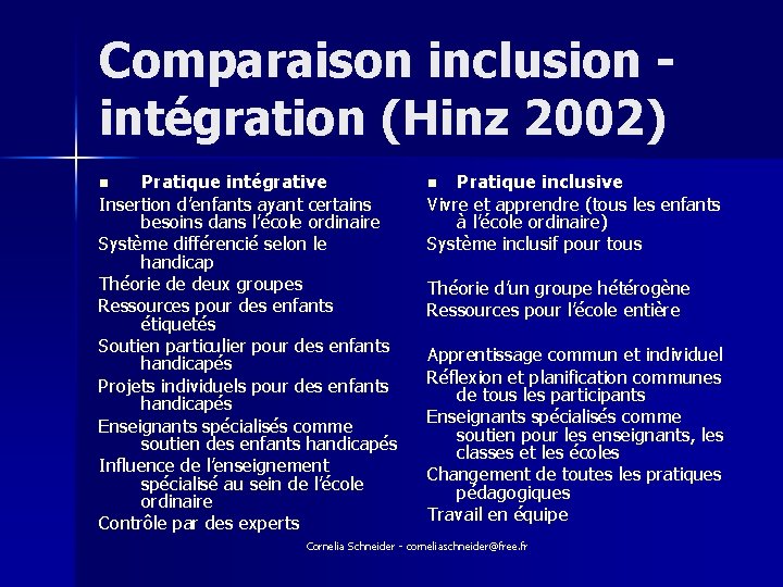 Comparaison inclusion intégration (Hinz 2002) Pratique intégrative Insertion d’enfants ayant certains besoins dans l’école