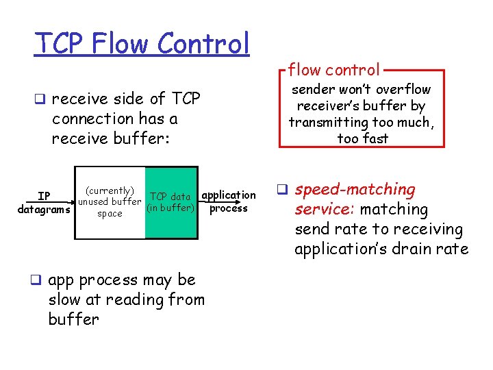 TCP Flow Control q receive side of TCP connection has a receive buffer: (currently)