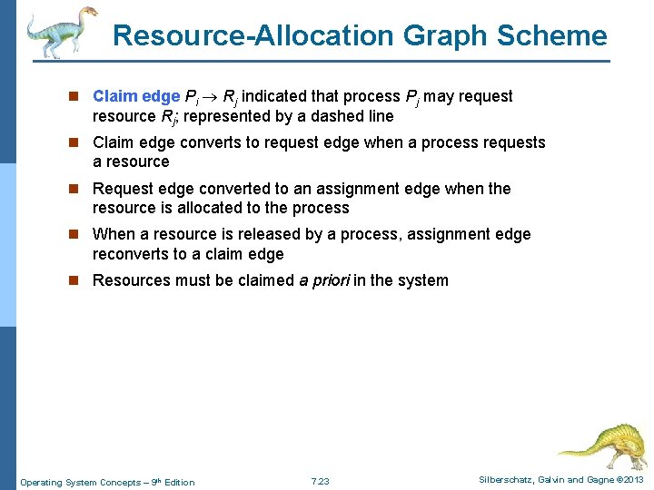 Resource-Allocation Graph Scheme n Claim edge Pi Rj indicated that process Pj may request Resource-Allocation Graph Scheme n Claim edge Pi Rj indicated that process Pj may request