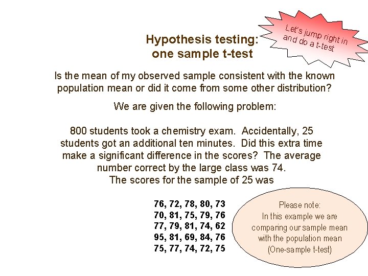 Hypothesis testing: one sample t-test Let’s ju and d mp right i n o