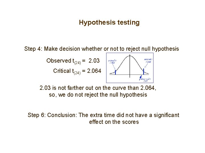 Hypothesis testing Step 4: Make decision whether or not to reject null hypothesis Observed