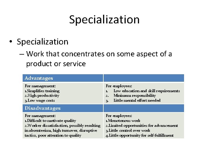 Specialization • Specialization – Work that concentrates on some aspect of a product or