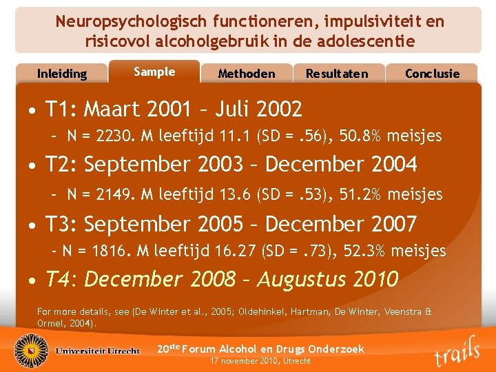 Neuropsychologisch functioneren, impulsiviteit en risicovol alcoholgebruik in de adolescentie Inleiding Sample Introduction Methoden Resultaten