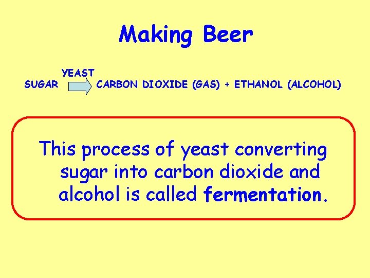 Making Beer SUGAR YEAST CARBON DIOXIDE (GAS) + ETHANOL (ALCOHOL) This process of yeast