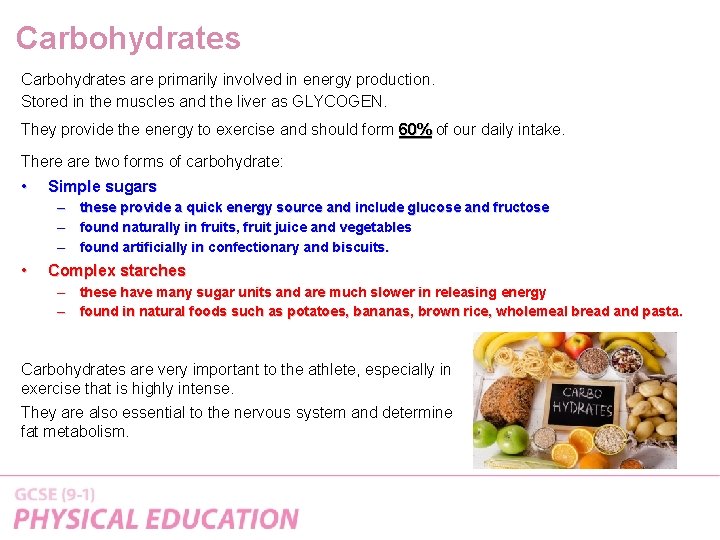 Carbohydrates are primarily involved in energy production. Stored in the muscles and the liver