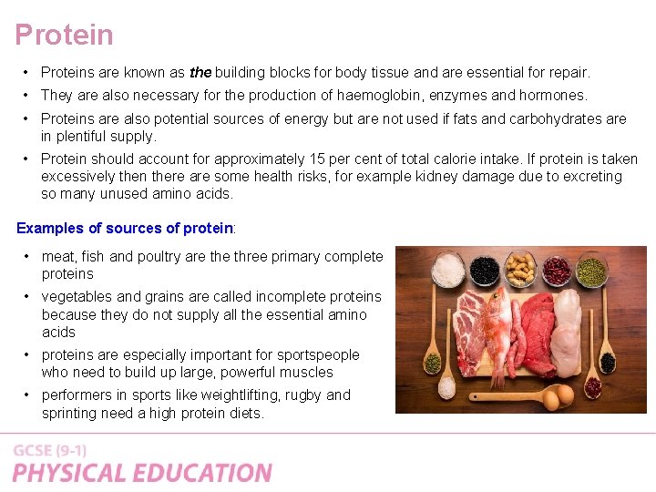 Protein • Proteins are known as the building blocks for body tissue and are