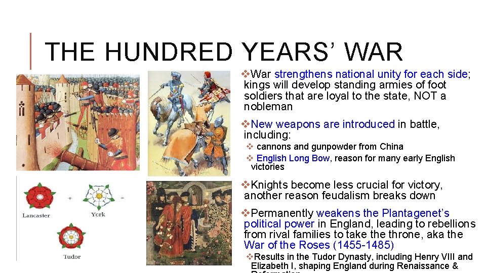 THE HUNDRED YEARS’ WAR v. War strengthens national unity for each side; kings will