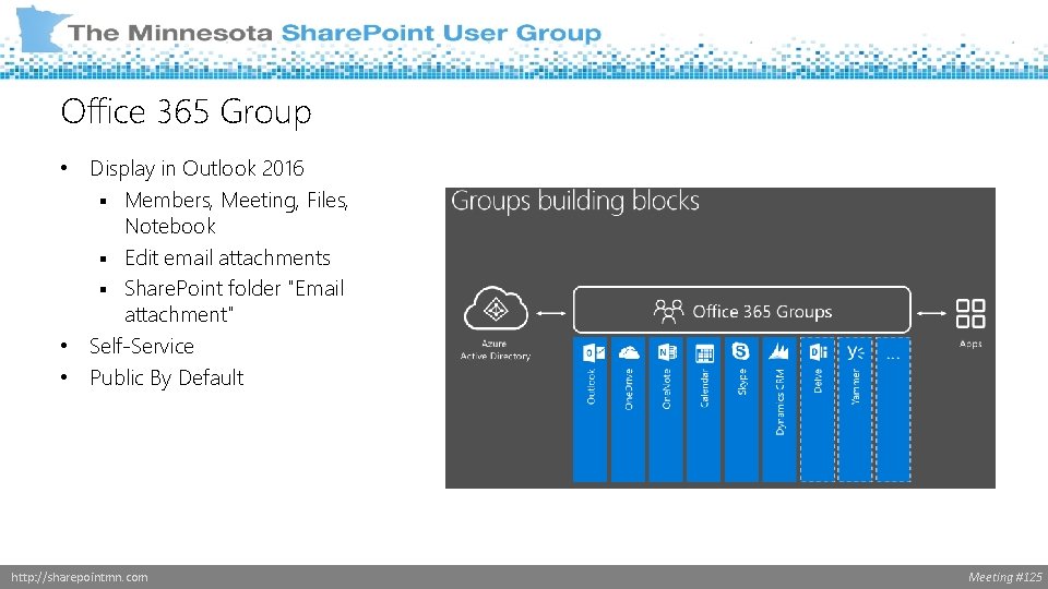 Office 365 Group • Display in Outlook 2016 § Members, Meeting, Files, Notebook §