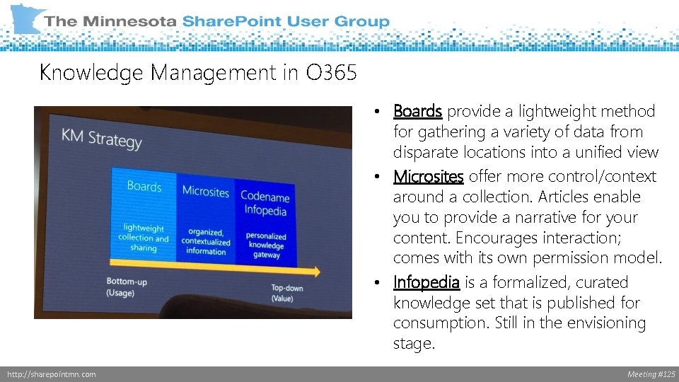 Knowledge Management in O 365 • Boards provide a lightweight method for gathering a