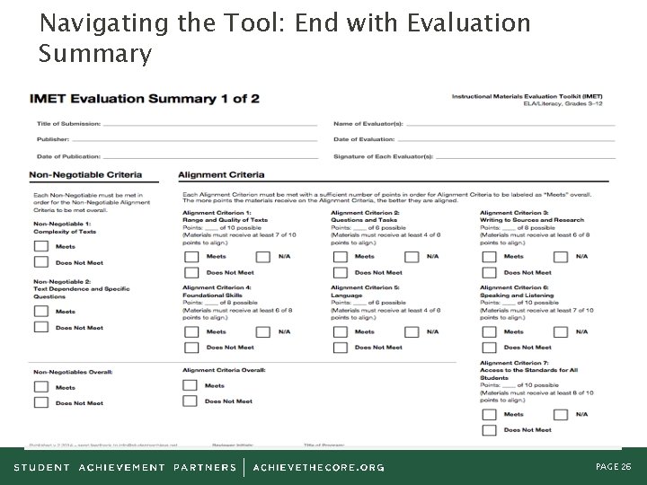 Navigating the Tool: End with Evaluation Summary PAGE 26 