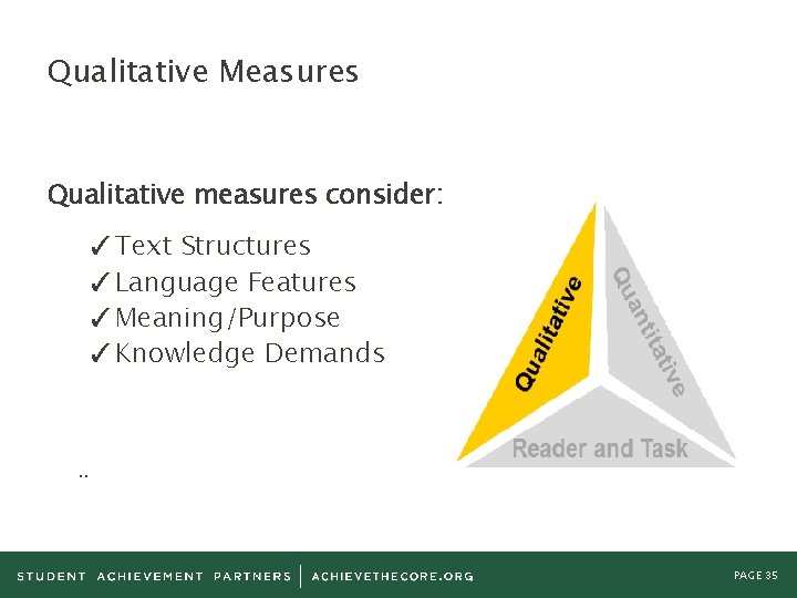 Qualitative Measures Qualitative measures consider: ✓Text Structures ✓Language Features ✓Meaning/Purpose ✓Knowledge Demands . .