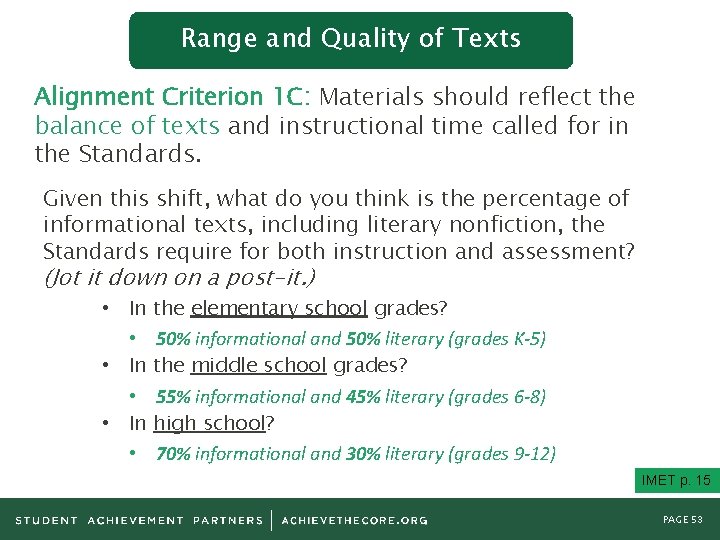 Range and Quality of Texts Alignment Criterion 1 C: Materials should reflect the balance