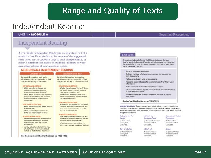 Range and Quality of Texts Independent Reading PAGE 57 