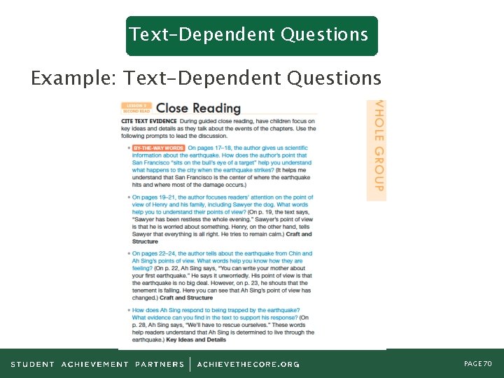 Text-Dependent Questions Example: Text-Dependent Questions PAGE 70 