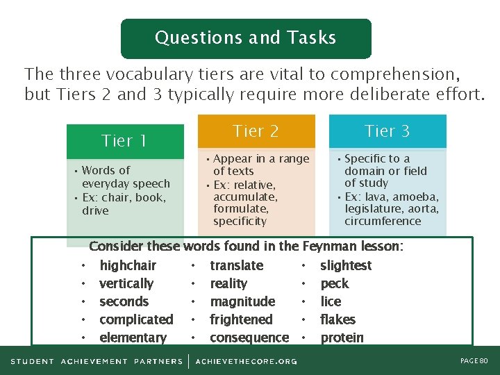 Questions and Tasks The three vocabulary tiers are vital to comprehension, but Tiers 2