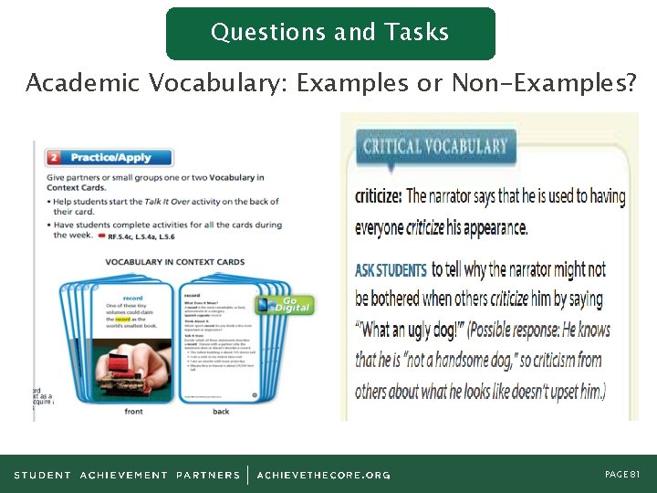 Questions and Tasks Academic Vocabulary: Examples or Non-Examples? PAGE 81 