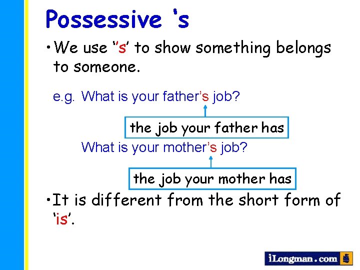 Possessive ‘s • We use ‘’s’ to show something belongs to someone. e. g.