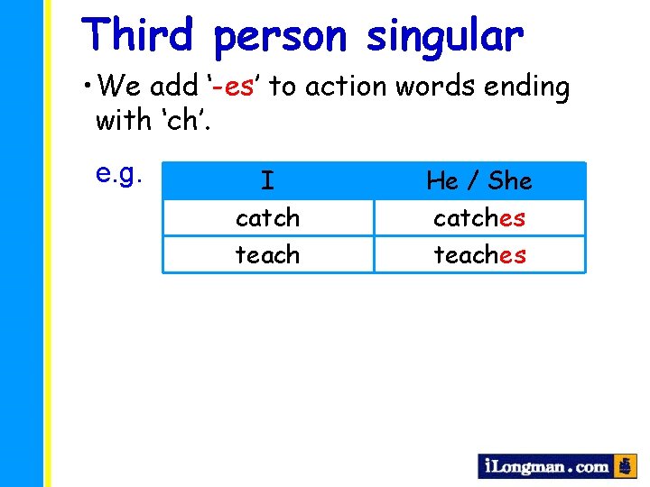 Third person singular • We add ‘-es’ to action words ending with ‘ch’. e.