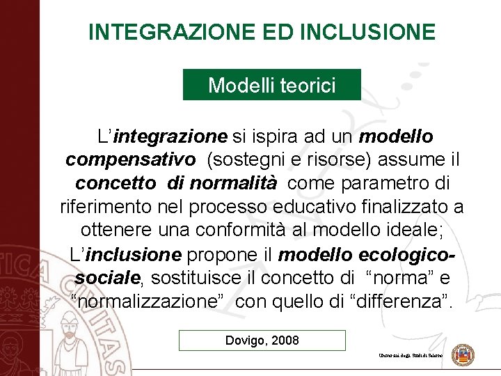 INTEGRAZIONE ED INCLUSIONE Modelli teorici L’integrazione si ispira ad un modello compensativo (sostegni e