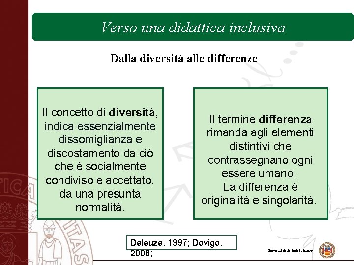 Verso una didattica inclusiva Dalla diversità alle differenze Il concetto di diversità, indica essenzialmente