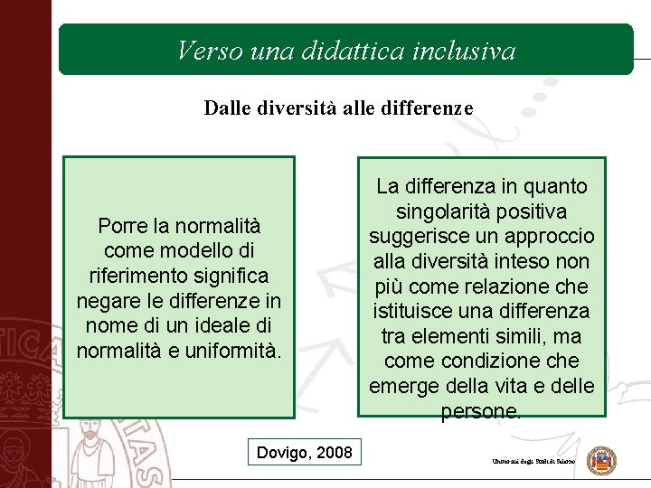 Verso una didattica inclusiva Dalle diversità alle differenze Porre la normalità come modello di