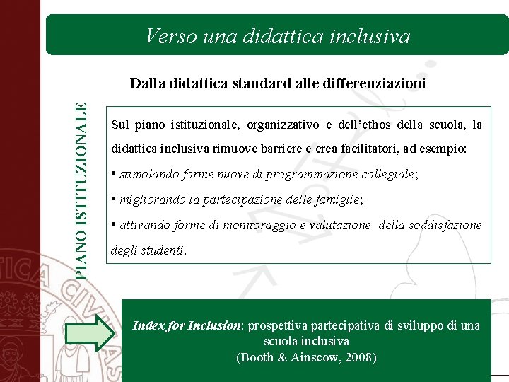 Versouna unadidatticainclusiva PIANO ISTITUZIONALE Dalla didattica standard alle differenziazioni Sul piano istituzionale, organizzativo e