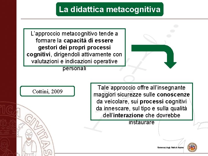 La didattica metacognitiva L’approccio metacognitivo tende a formare la capacità di essere gestori dei