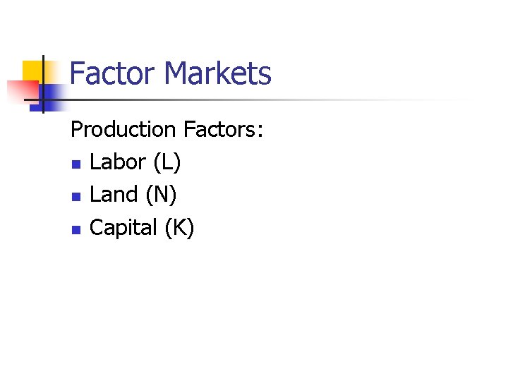 Factor Markets Production Factors: n Labor (L) n Land (N) n Capital (K) 