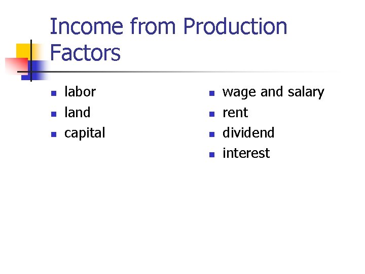 Income from Production Factors n n n labor land capital n n wage and