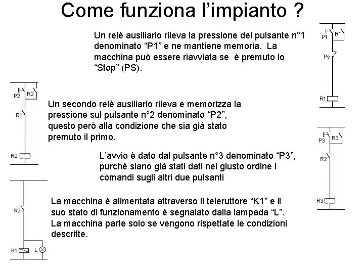 Come funziona l’impianto ? Un relè ausiliario rileva la pressione del pulsante n° 1