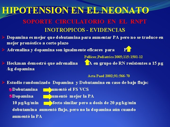 HIPOTENSION EN EL NEONATO SOPORTE CIRCULATORIO EN EL RNPT INOTROPICOS - EVIDENCIAS Ø Dopamina
