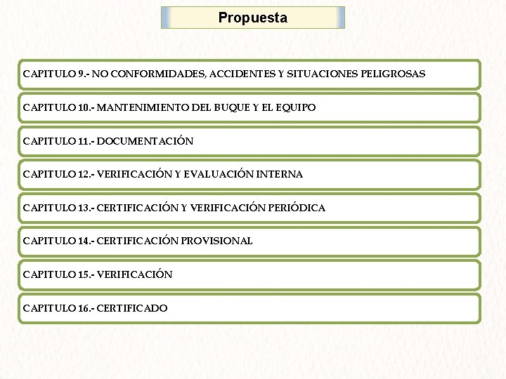 Propuesta CAPITULO 9. - NO CONFORMIDADES, ACCIDENTES Y SITUACIONES PELIGROSAS CAPITULO 10. - MANTENIMIENTO