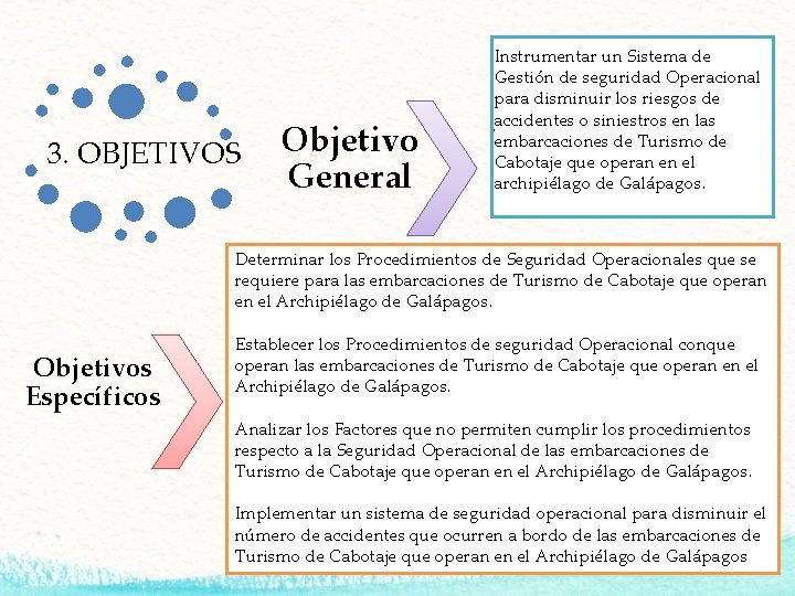 3. OBJETIVOS Objetivo General Instrumentar un Sistema de Gestión de seguridad Operacional para disminuir