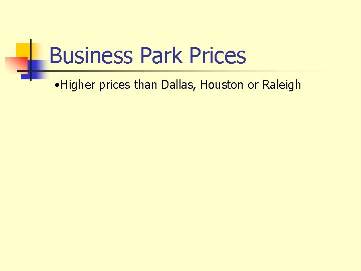 Business Park Prices • Higher prices than Dallas, Houston or Raleigh 