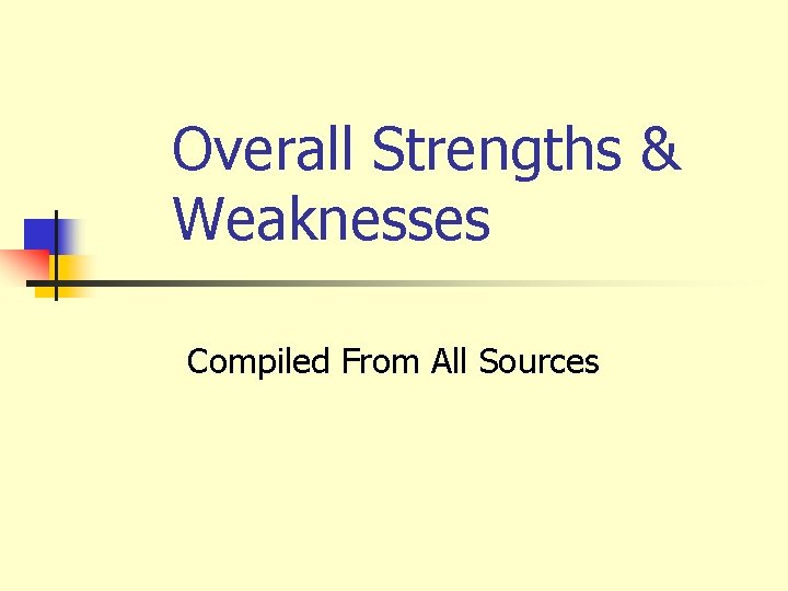 Overall Strengths & Weaknesses Compiled From All Sources 